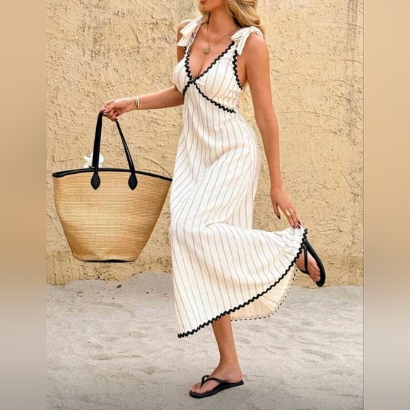 Boutique Dresses & Skirts - New Flowy Tie Strap Rickrack Trim Long Dress Cream Tan Black